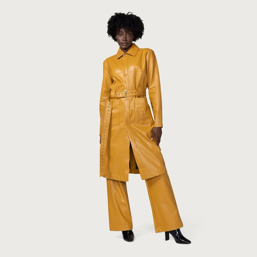Honor the Gift Mustard Yellow Vegan Leather Belted Trench Coat